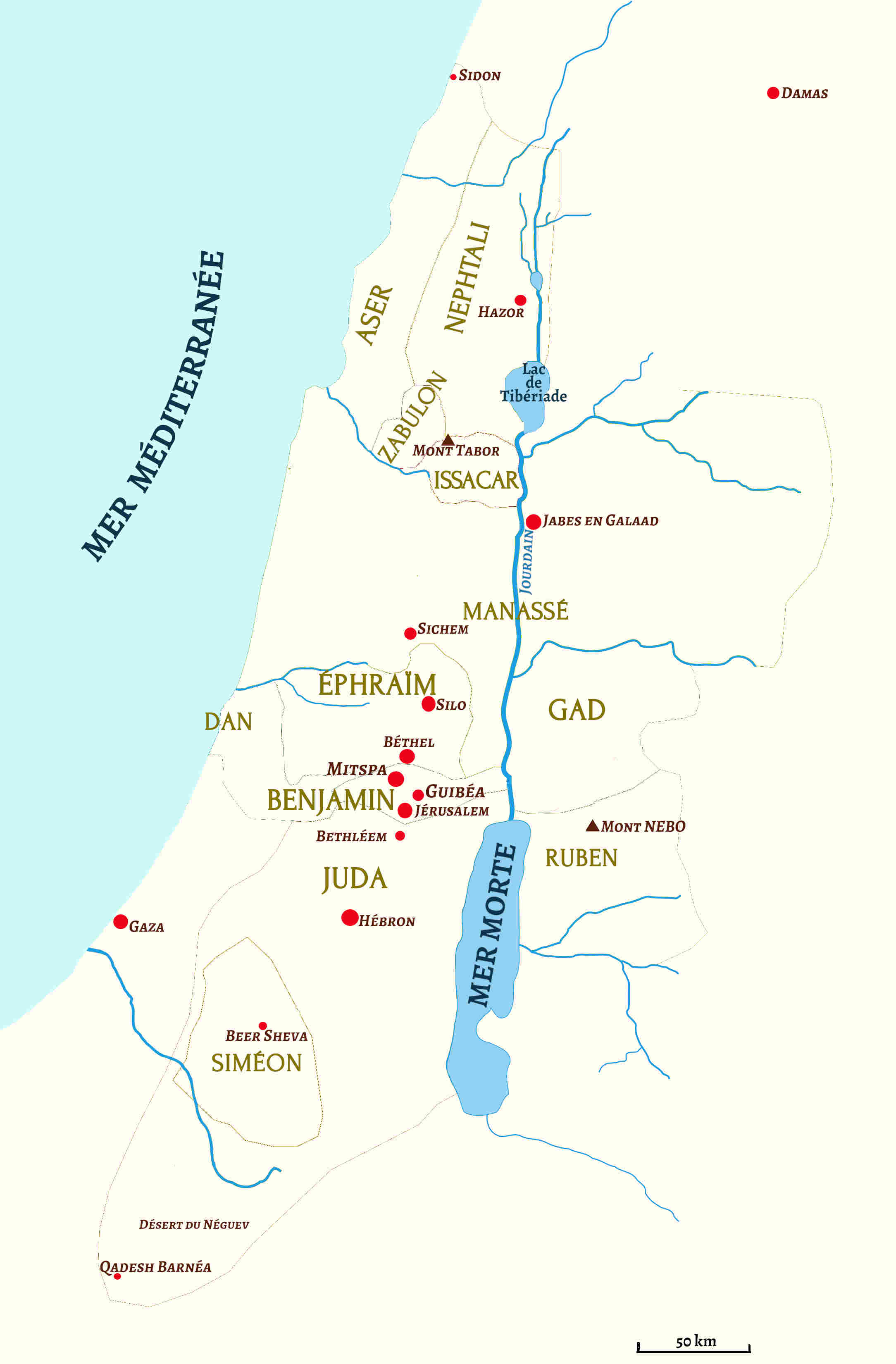 Carte : La punition des Benjaminites et l’extermination de Jabes en Galaad