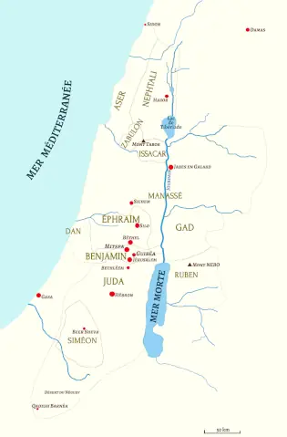 Carte : La punition des Benjaminites et l’extermination de Jabes en Galaad