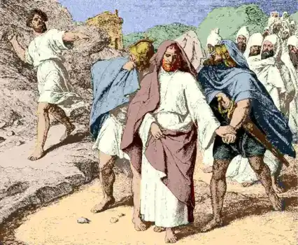 Shimei throwing stones at King David and cursing him